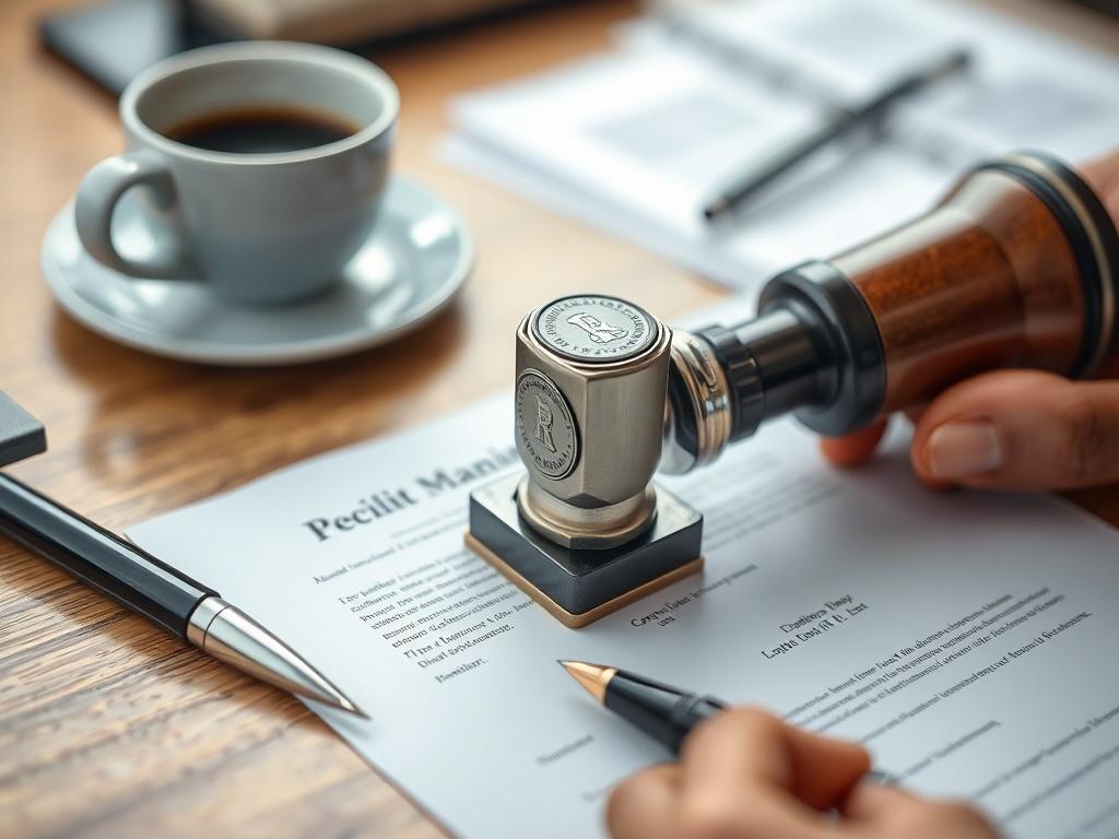 A focused shot of an official notary stamp being pressed onto a document, with a pen nearby. The background shows a neatly arranged desk with legal documents and a coffee cup, captured using a 45mm f/1.2 lens.