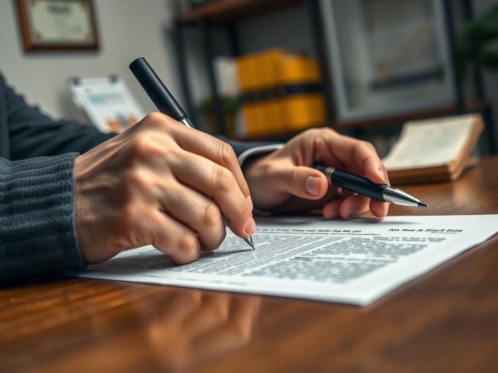 A close-up shot of a notary public's hands as they authenticate a document, featuring a stamp and pen. The background is softly blurred, showcasing a well-organized office space with legal books and a certificate on the wall, captured with a 45mm f/1.2 lens.