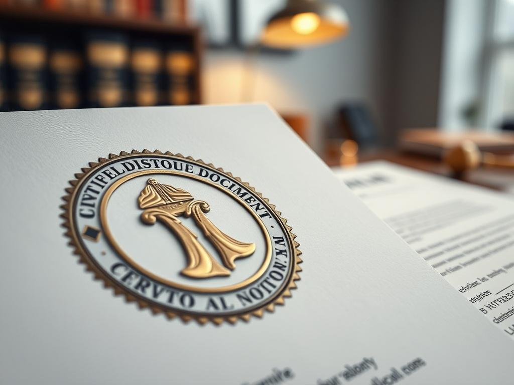 A close-up view of a certified document with a notary seal, showcasing the intricate details of the seal. The background features a blurred office environment with legal books and a desk lamp, taken with a 45mm f/1.2 lens.