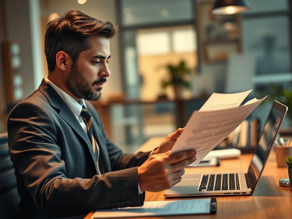 A hyper-realistic close-up shot of a business professional reviewing corporate legal documents in a modern office setting. The focus is on the documents and the individual, with a blurred background showcasing an organized desk with a laptop and office supplies. The lighting is warm and inviting, highlighting the professionalism and attention to detail in the legal process. The color palette incorporates shades of green, complementing the primary color rgb(50, 170, 39).