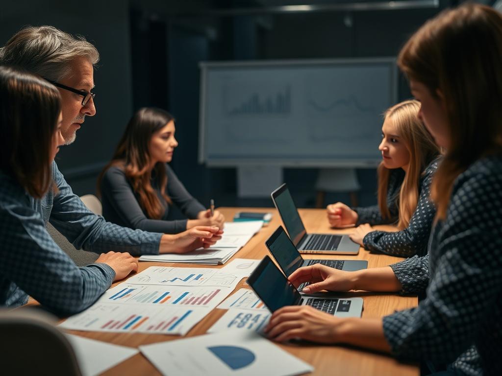 A researcher conducting market analysis with a focus group, with participants discussing insights around a table filled with data reports and laptops. The setting is collaborative and engaging, highlighting the importance of consumer feedback.