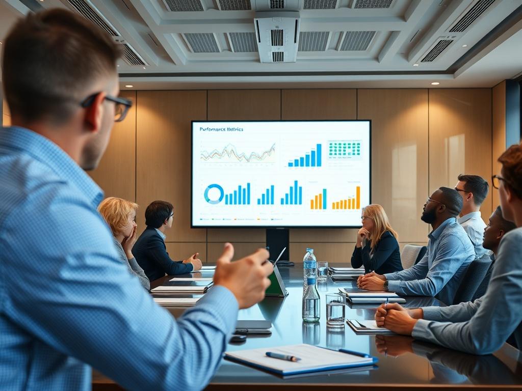 A business analyst presenting performance metrics on a large screen in a corporate boardroom. The room is filled with colleagues engaged in discussion, showcasing charts and graphs that illustrate growth and performance improvement.