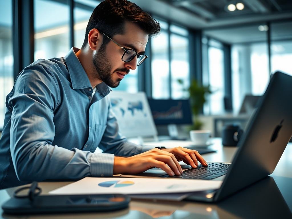 A professional consultant analyzing data on a laptop, surrounded by charts and graphs, in a modern office setting. The focus is on the consultant's face showing concentration, with a clean desk and a large window in the background providing natural light.