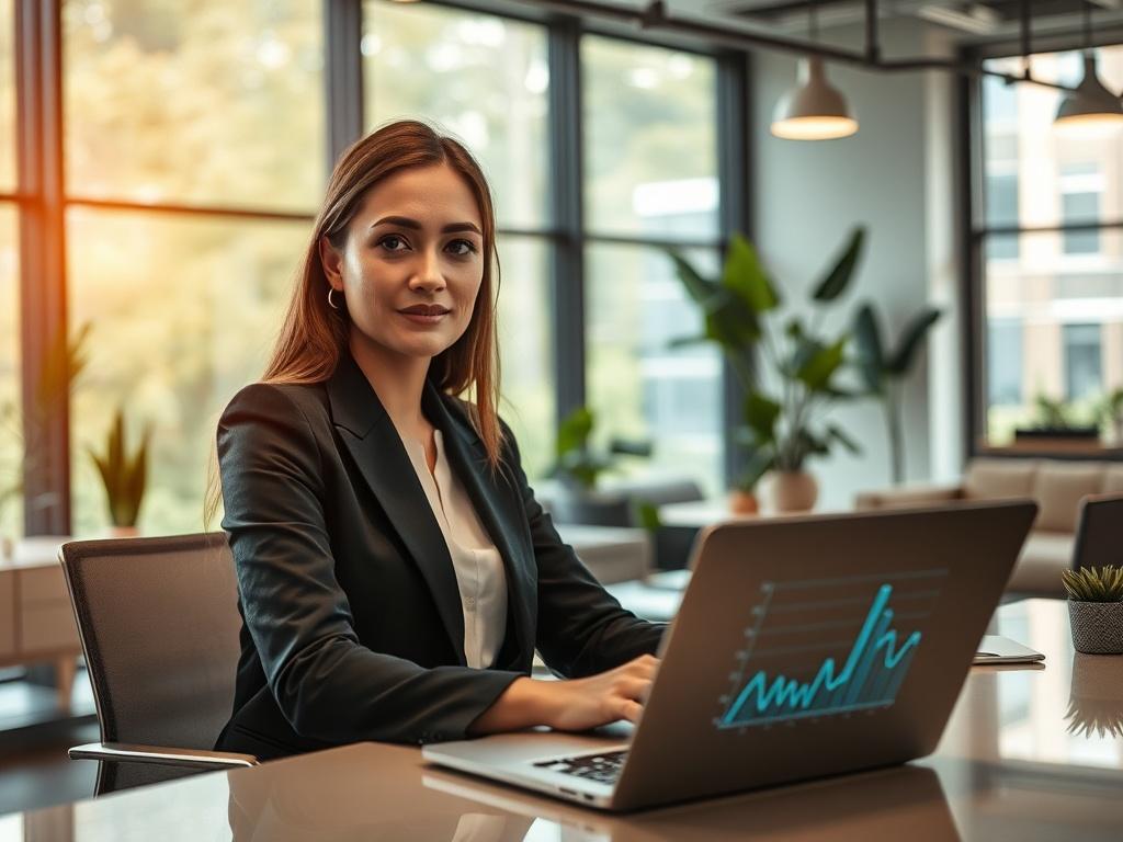 Prompt for AI Image Generation:

Create a realistic high-resolution photo that embodies the concept of "HR Intelligence in a New ERA." The composition should feature a single subject—a modern, confident HR professional in a sleek, contemporary office setting. 

The subject, a woman in her 30s with a professional appearance, should be seated at a minimalist desk, surrounded by digital devices such as a laptop and a tablet showing data analytics. She should have an expression of focus and engagement, symboliz