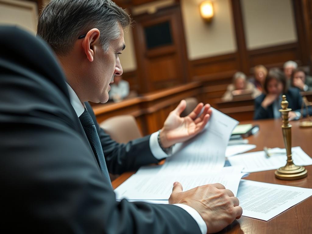 A focused shot of a lawyer in a courtroom setting,