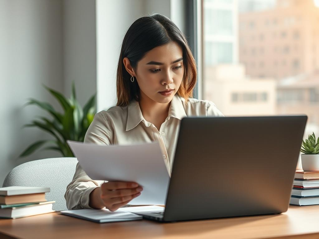 **AI Image Generation Prompt:**

Create a realistic high-resolution photo that captures the essence of intellectual property rights. The composition should focus on a single subject: a thoughtful person, a businesswoman in her mid-30s, seated at a modern workspace, reviewing documents related to intellectual property. She should have an expression of concentration, embodying the importance of understanding legal rights.

The background should be minimalist, featuring a clean desk with a laptop and a few leg