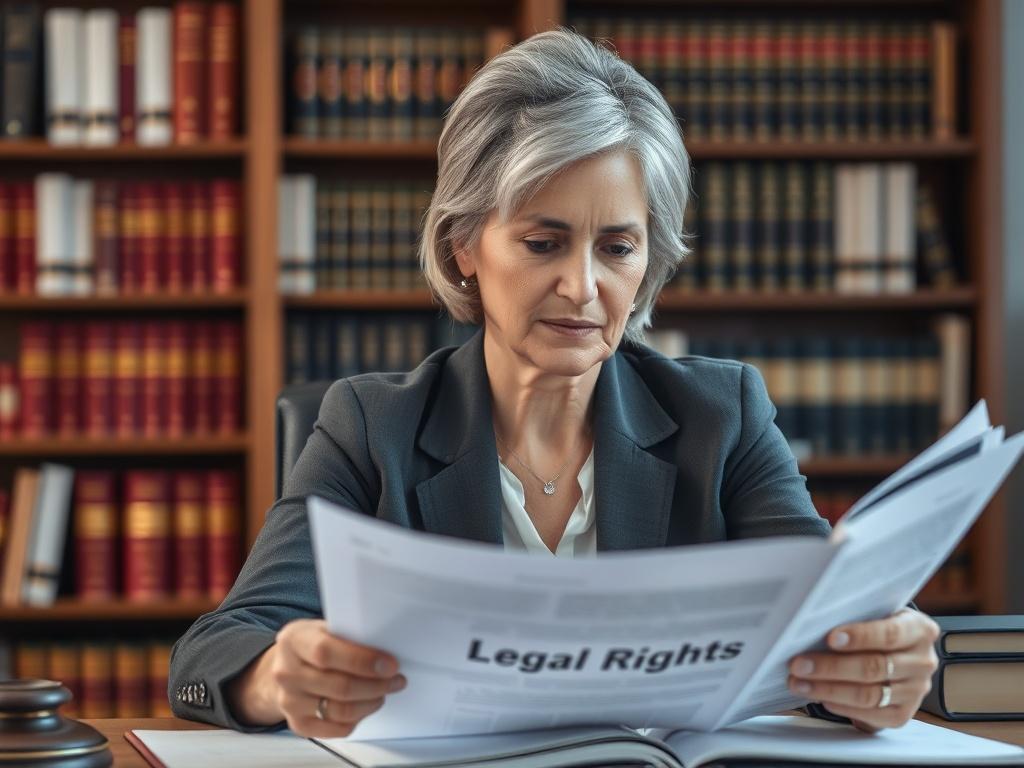 Create a realistic high-resolution photograph focusing on a confident, middle-aged woman sitting at a well-organized desk, deeply engaged in reading a document titled "Legal Rights". She should be dressed in professional attire, showcasing a thoughtful expression as she examines the text. The composition should be simple and clear, with the woman as the sole subject in the frame. 

In the background, include a softly blurred library or office setting, featuring shelves filled with law books and legal materi
