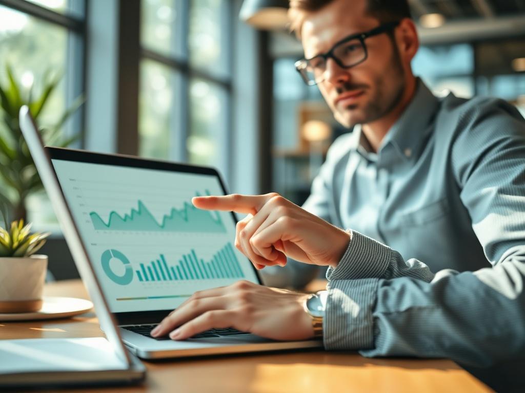 A close-up shot of a professional setting, showcasing a confident HR manager analyzing employee data on a laptop. The focus is on the manager's hand pointing to a graph on the screen, symbolizing insights and analytics. The background features a modern office environment with natural light streaming in, creating an inviting and professional atmosphere. The image is rendered in hyper-realistic detail, capturing the essence of HR/Business Intelligence. The primary color scheme includes shades of green to refl