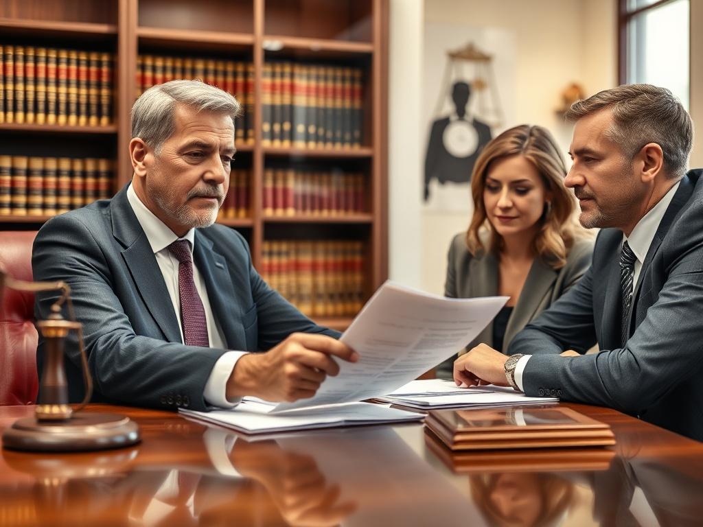 A close-up shot of a family law office setting, showcasing a confident lawyer discussing legal documents with a concerned couple. The lawyer is seated at a polished wooden desk, with a warm and inviting office ambiance, featuring family law books on the shelves in the background. The focus is on the lawyer's reassuring expression and the couple's attentive demeanor, highlighting the importance of family legal matters. The image should have a soft focus background but clear details on the subjects, capturing