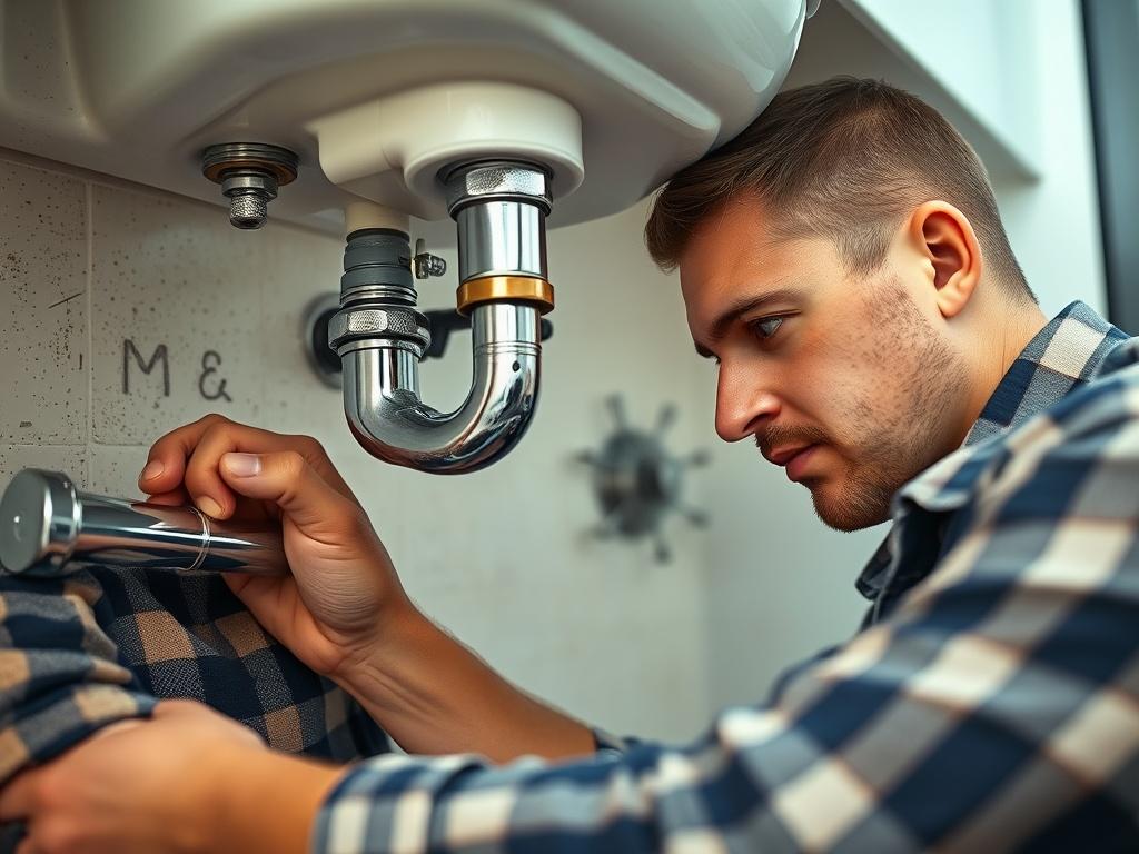 A high resolution image of a professional plumber working under