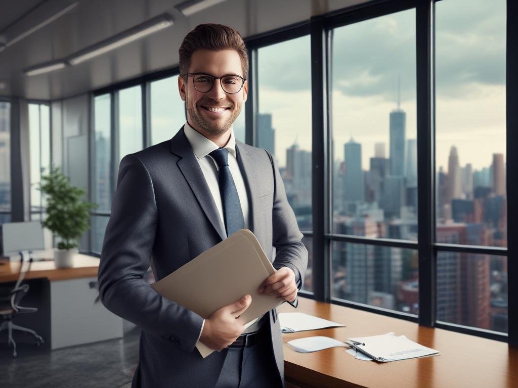 A modern office environment with a confident business professional standing