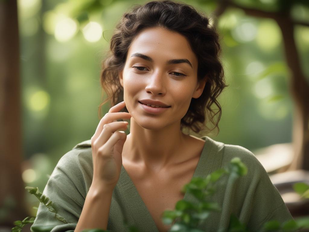 A serene, high-resolution image of a woman in a natural setting, surrounded by greenery and soft light, showcasing her radiant skin. She is practicing a self-care ritual, applying a natural skincare product with a peaceful expression. The background features earthy textures like wood and stone, enhancing the grounded aesthetic. The colors should reflect natural tones, harmonizing with the #1C6220 primary color.