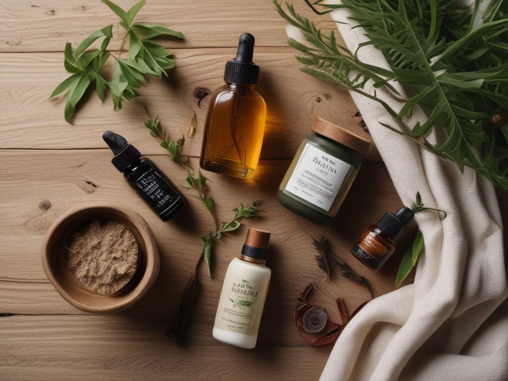 A serene flat lay featuring natural skincare products arranged on