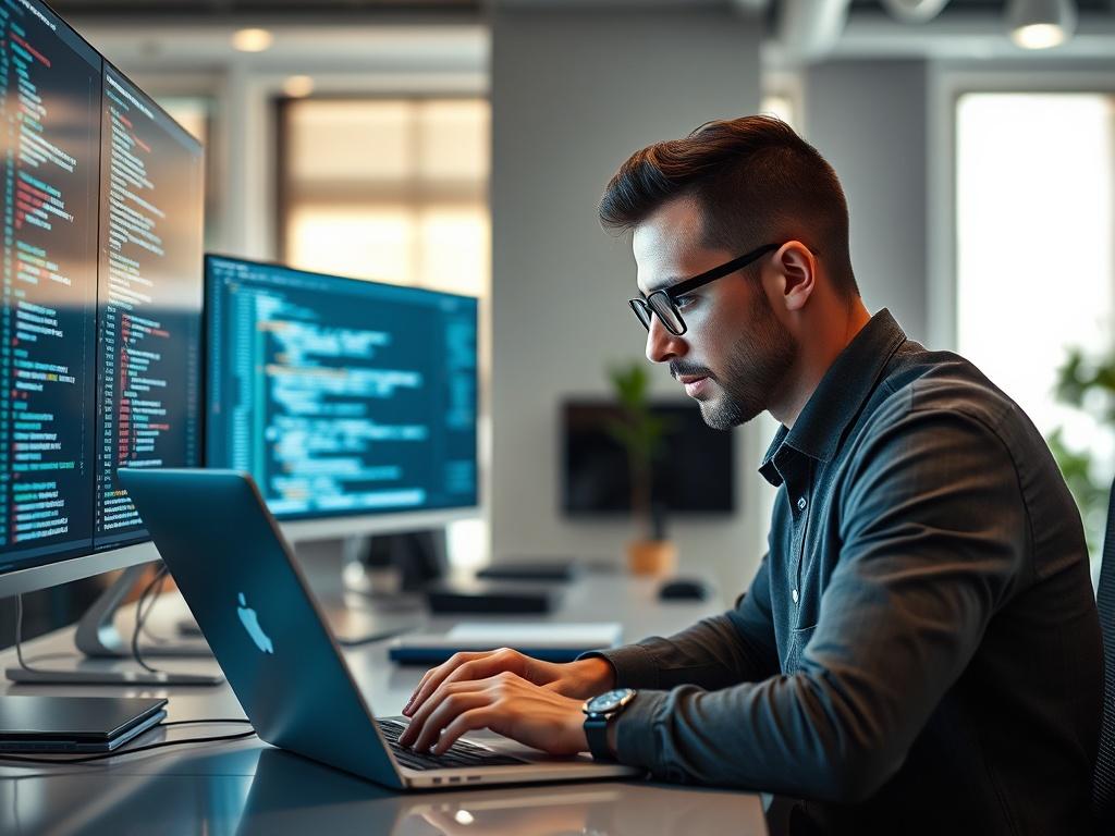 A hyper realistic close up shot of a focused IT