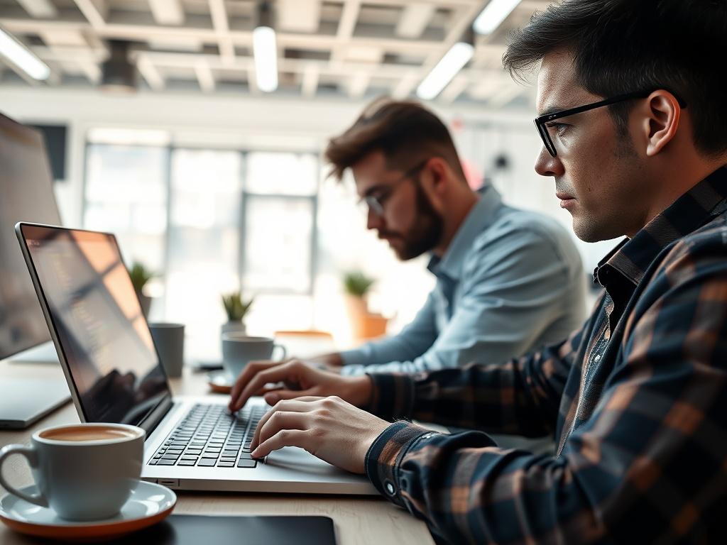 A hyper realistic close up of a software developer working