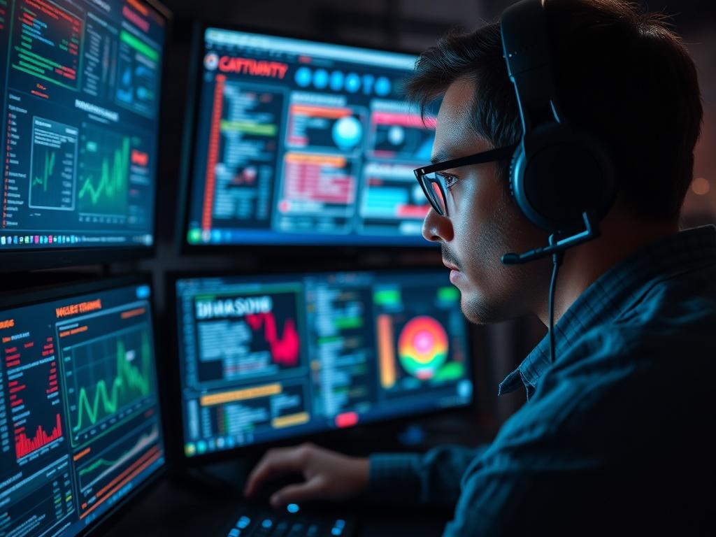 A hyper realistic close up of a cybersecurity expert analyzing