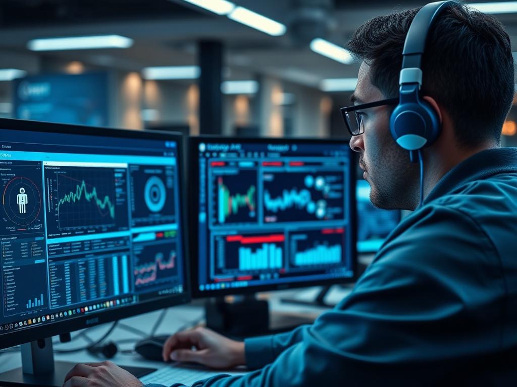 A close up shot of a cybersecurity analyst working on