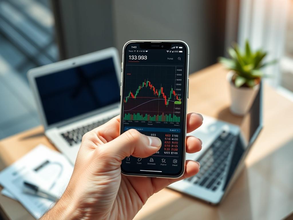 Create a realistic high-resolution photo featuring a single smartphone held in a hand, prominently displaying a dynamic stock market graph on the screen. The screen should show clear, colorful candlestick patterns and a live ticker of stock prices reflecting real-time data. The focus should be on the smartphone, with a soft blur effect on the background, which should consist of a sleek and modern office environment—maybe a desk with a laptop, financial documents, and a potted plant in the soft-focus backgro