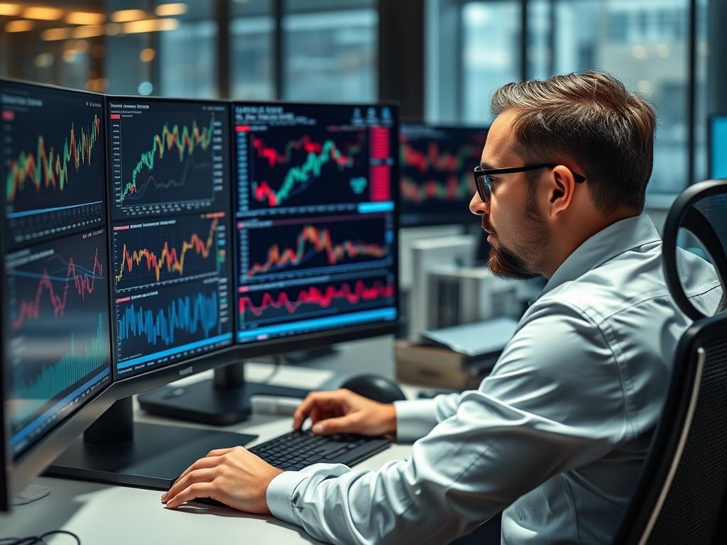 A high-resolution image showing an analyst at a modern workstation, deeply engaged in analyzing market trends using the TradingAgentAI platform. The screen displays intricate charts and analytics, while the surroundings reflect a sophisticated financial environment. The overall composition conveys professionalism and expertise.
