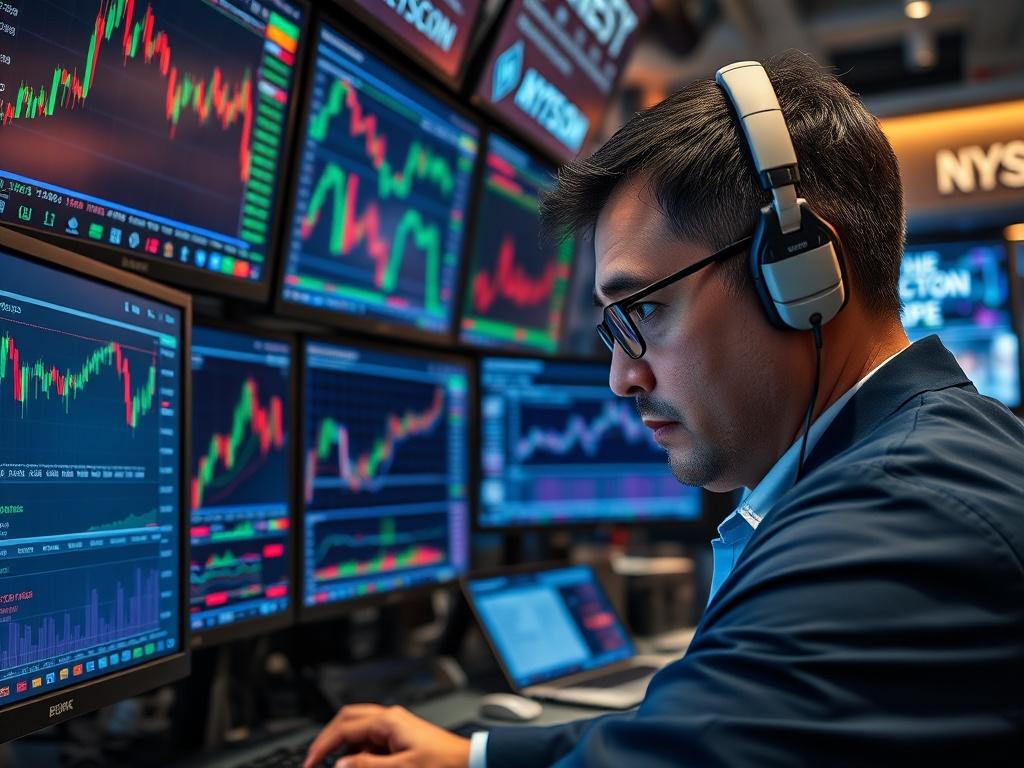 A focused trader analyzing multiple screens displaying complex stock data and trading indicators. The TradingAgentAI interface is prominently featured on one of the screens, showcasing advanced analytics and options strategies. The setting is dynamic and energetic, reflecting an active trading floor atmosphere.