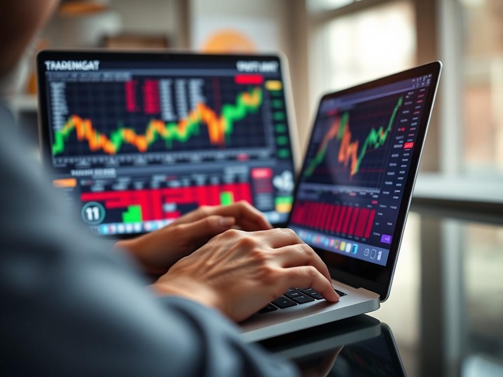 A close-up shot of a user working on a laptop, analyzing stock market data on the TradingAgentAI interface. The screen displays vibrant charts and real-time stock quotes. The background is blurred out to focus on the laptop and user, suggesting a professional trading environment. The lighting is bright and inviting, conveying a sense of clarity and focus.