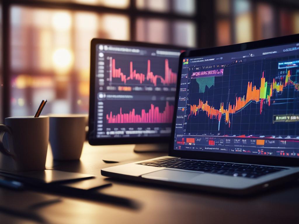 A close-up shot of a laptop screen displaying real-time stock market data with vibrant graphs and charts. The background is softly blurred to emphasize the laptop, and the lighting highlights the screen's clarity and detail. The image should capture the essence of financial analysis and technology.