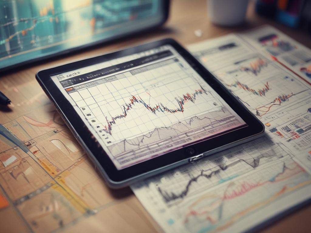 A close-up shot of a tablet displaying detailed historical stock charts and analytics, with colorful indicators and graphs. The background is softly blurred to keep the focus on the tablet, conveying a sense of professionalism and insight in financial analysis.
