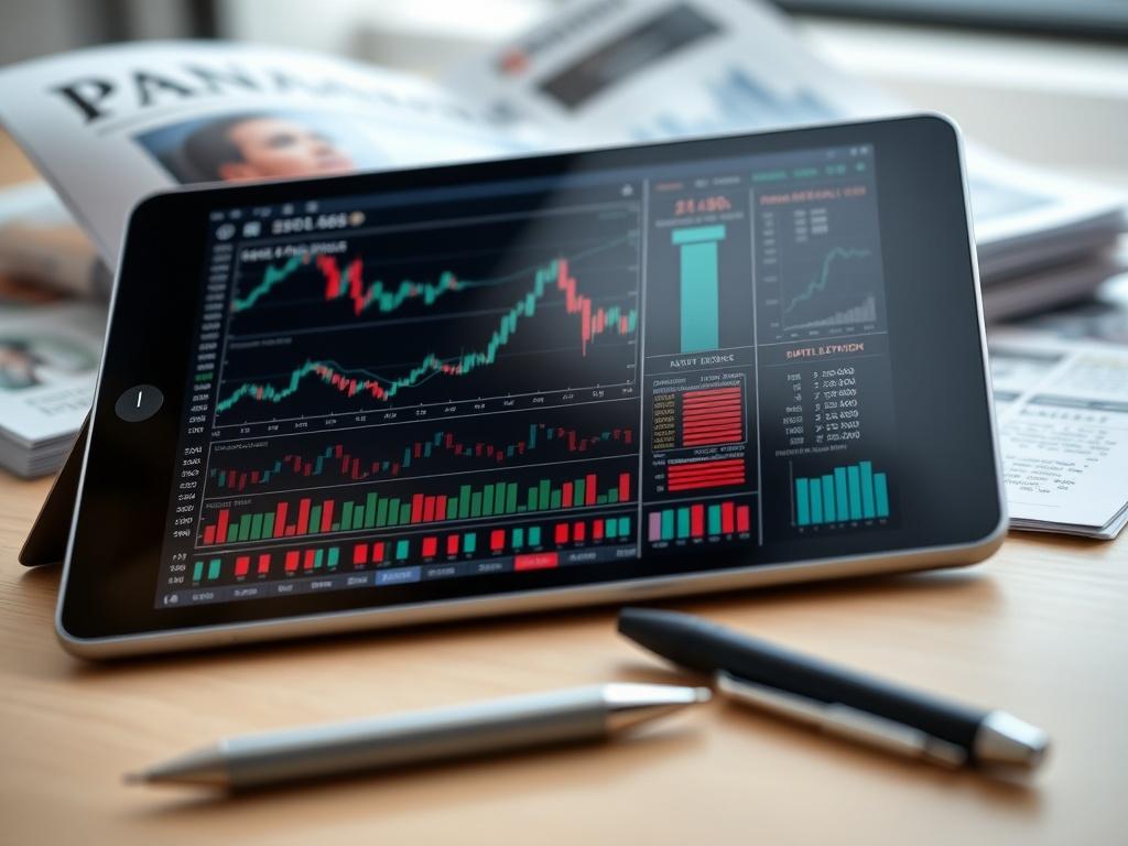 A close-up shot of a tablet showing detailed stock charts and analytics, with a pen placed next to it. The background features a soft-focus financial magazine, suggesting a blend of technology and financial literacy. The scene is bright, highlighting the tablet and its content as the focal point.