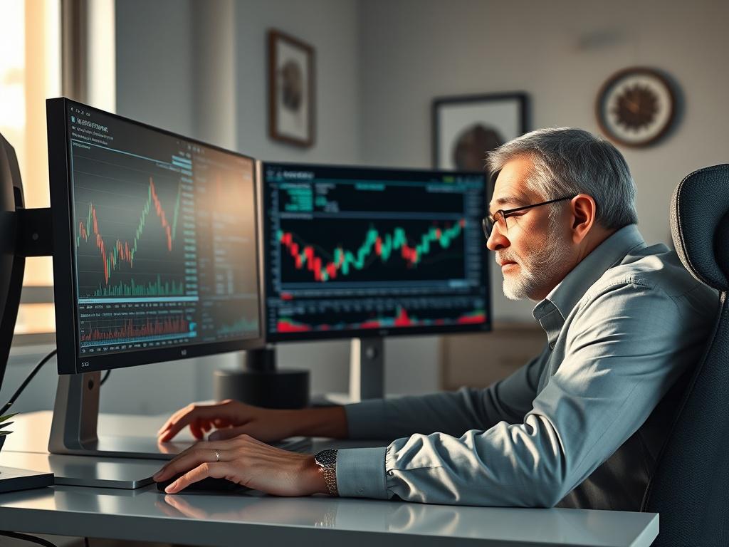 **AI Image Generation Prompt:**

Create a realistic high-resolution close-up image that captures the essence of maximizing trading potential through AI insights. The main subject should be a confident retail trader, a middle-aged individual of indeterminate gender and ethnicity, seated at a modern, sleek desk. They are intently analyzing multiple monitors displaying real-time stock data, charts, and investment analytics, symbolizing the advanced capabilities of TradingAgentAI.

The subject should be dressed