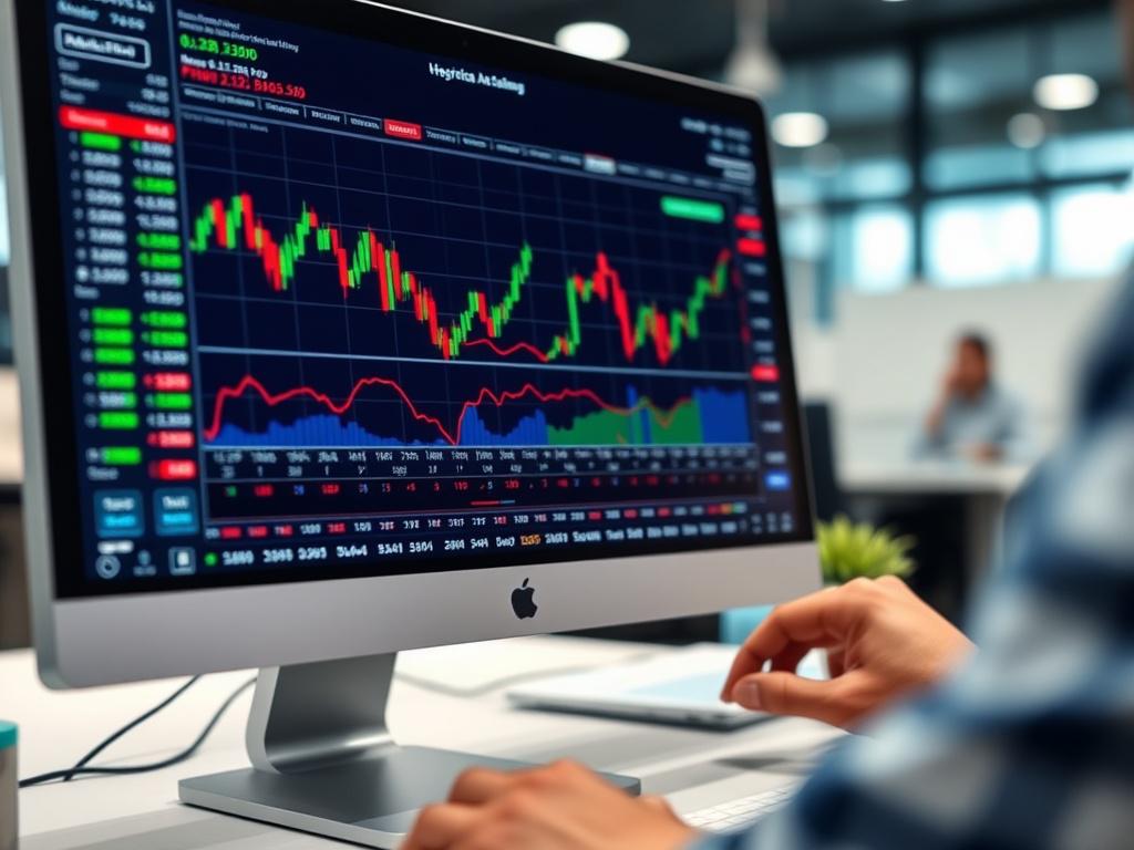 A close-up shot of a financial analyst reviewing historical stock charts on a computer screen. The charts display various data points and trends over time, with vibrant colors highlighting key areas. The setting is professional with a blurred office background, incorporating the primary color, rgb(40, 93, 225), in the design elements of the workspace. The lighting is focused on the screen, enhancing the clarity of the information.