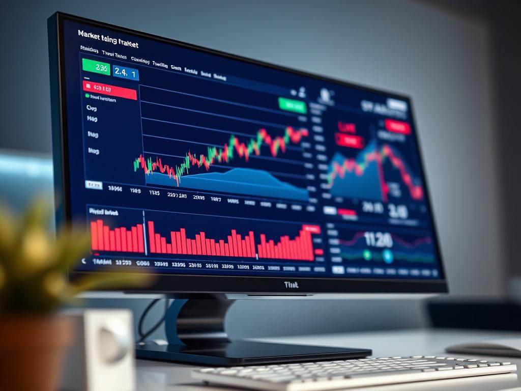A close-up shot of a modern trading dashboard displaying real-time stock prices and market data on a sleek computer screen. The interface is visually appealing, showcasing various stock graphs and live updates. The background is softly blurred to emphasize the screen, with a subtle blue hue to match the primary color, rgb(40, 93, 225). The lighting is bright and clear, focusing on the details of the dashboard.