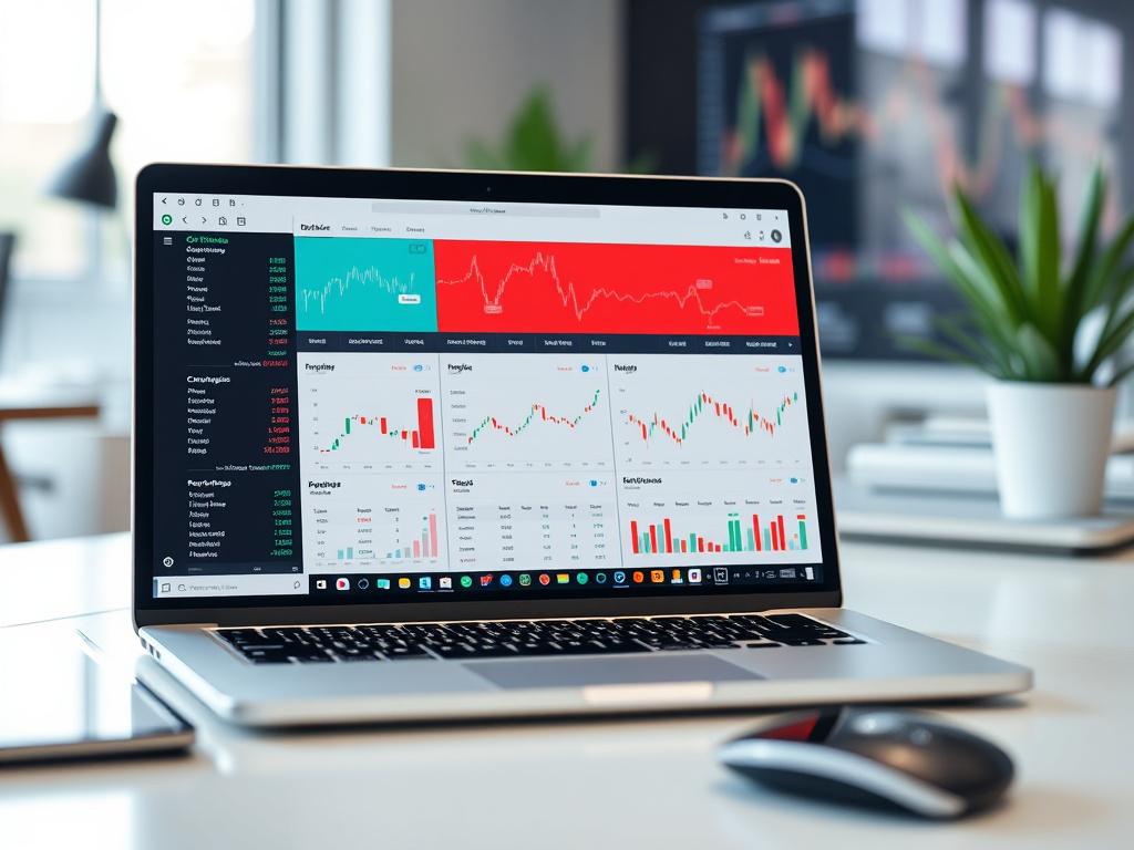 A close-up shot of an options trading strategy interface displayed on a laptop. The screen features various options strategies and analytics, presented in an organized and visually engaging manner. The background is a modern trading workspace, subtly incorporating the primary color, rgb(40, 93, 225), into the design elements. Bright, focused lighting highlights the details on the screen, emphasizing the strategic insights.