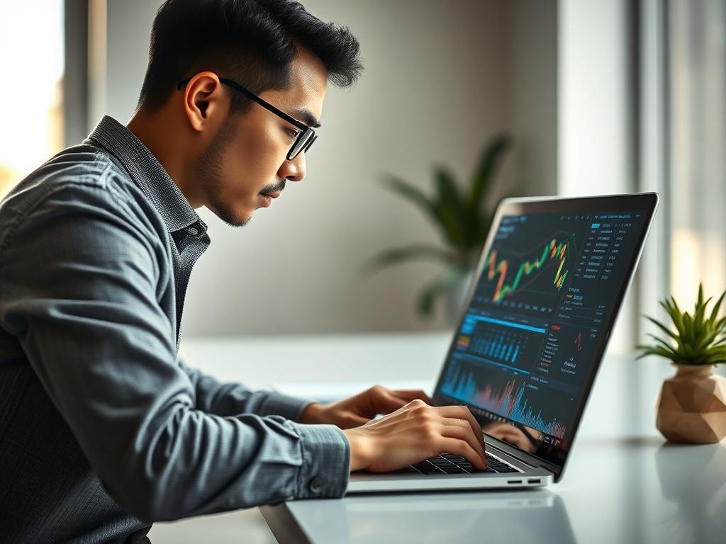 Create a hyper-realistic, high-resolution image that visually embodies the concept of "Maximize Your Trading with AI Insights." The composition should be simple and clear, featuring a single subject: a focused trader deeply engaged with their laptop, analyzing stock charts and data displays. The trader, an Asian male in his early 30s, should appear determined and confident, dressed in a smart-casual attire. 

In the background, depict a modern and minimalist office setting with a sleek desk and a softly blu