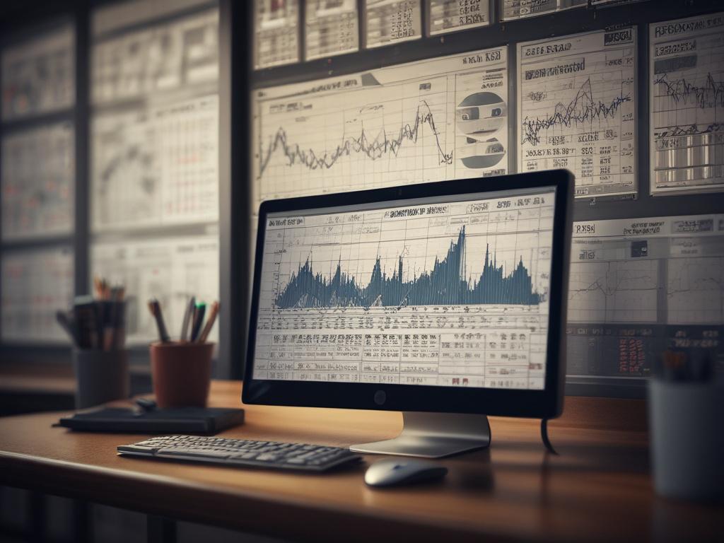 A hyper-realistic close-up of a computer screen displaying intricate historical stock charts and data analytics. The background should be a softly blurred office environment, emphasizing the analytical tools and data visualization.