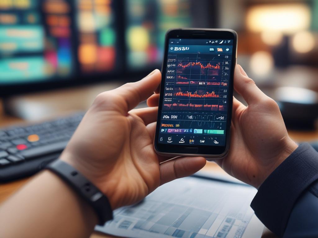 A close-up shot of a trader's hand using a smartphone displaying live stock prices and market data, with a blurred trading desk in the background. The colors should be vivid and the focus sharp on the smartphone screen, showcasing graphs and market fluctuations.