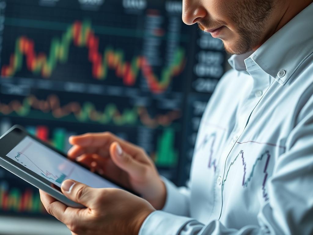 A close-up shot of a financial analyst examining detailed historical stock charts on a digital tablet. The background should showcase blurred financial graphs and analytics, emphasizing the analytical focus of the professional.