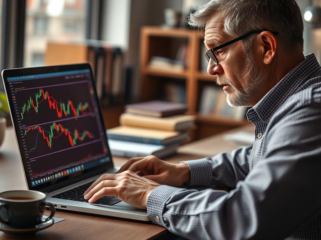 Create a hyper-realistic high-resolution photo that vividly captures the essence of trading and chart patterns. The composition should be clean and simple, featuring a single subject—a professional trader engaged in analyzing chart patterns on a sleek laptop. The trader, a middle-aged individual of diverse ethnicity, should exhibit focused expression and concentration, with their fingers poised over the laptop keyboard. 

In the foreground, the laptop screen should display detailed candlestick charts showca