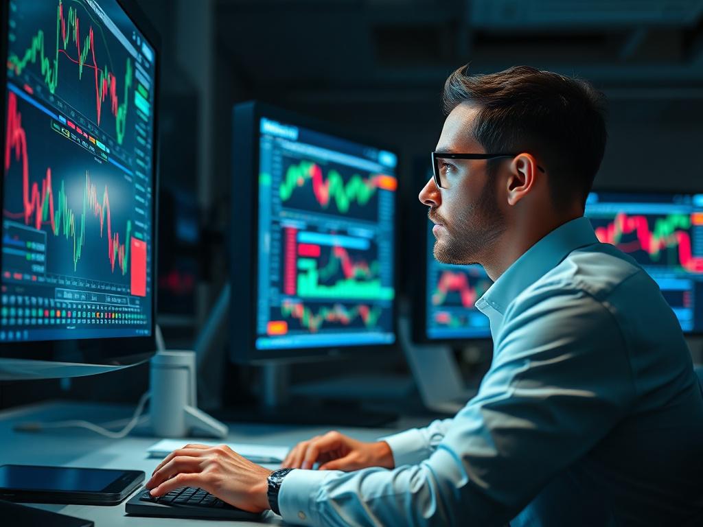 A hyper-realistic close-up shot of a stock market analyst working at a desk, intently reviewing multiple screens displaying stock charts and financial data. The lighting is natural, highlighting the analyst's focused expression. The background is slightly blurred, emphasizing the screens filled with vibrant market data and analytics. The overall color tone is in shades of blue to match the rgb(40, 93, 225) primary color.