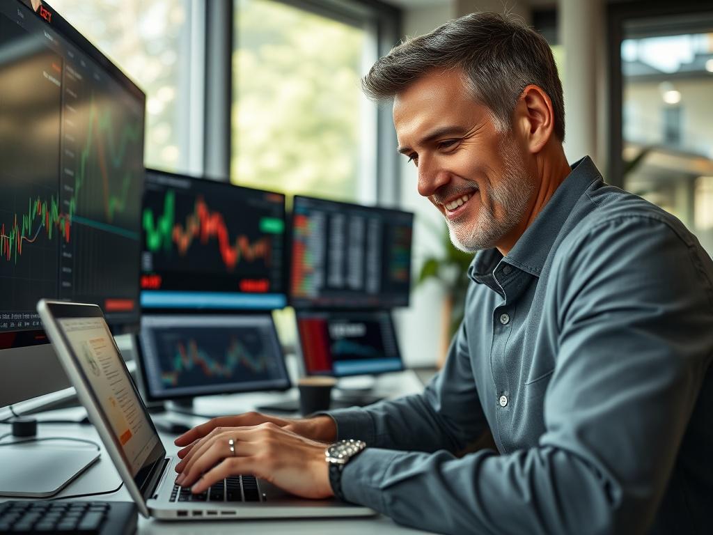 A close-up shot of a satisfied trader analyzing stock data on a sleek laptop in a modern office environment. The trader, a middle-aged Caucasian man, has a focused expression on his face, surrounded by multiple screens showing real-time market data. Soft natural light filters through a large window, illuminating the workspace, with a hint of greenery in the background. The image should evoke a sense of professionalism and confidence in trading.
