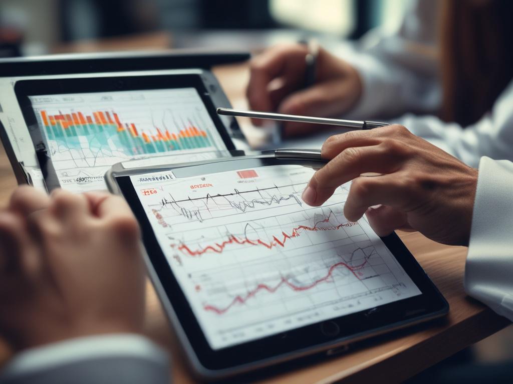 A close up of a financial analyst examining charts filled