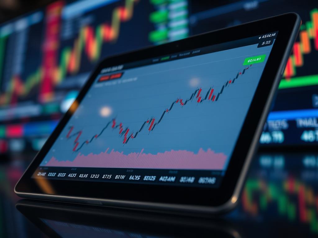 A close-up shot of a detailed historical stock analysis graph on a tablet screen, with a dynamic background featuring stock market visuals, captured with a 45mm f/1.2 lens.