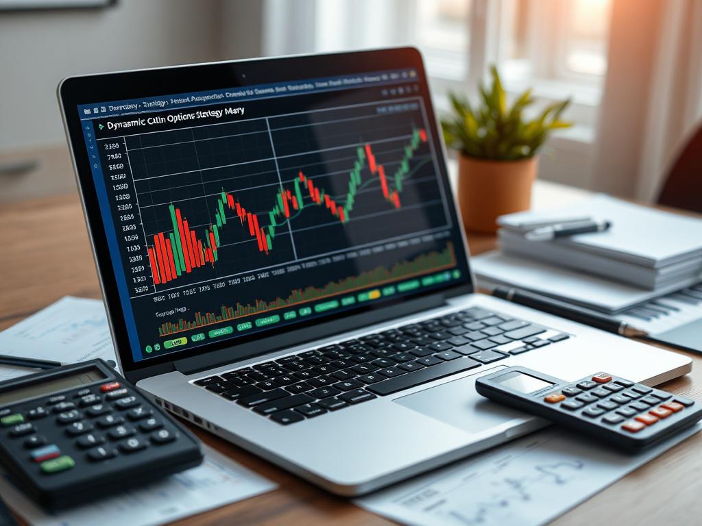 A close-up shot of a dynamic options strategy chart on a laptop screen, surrounded by financial documents and a calculator, set in a professional environment, captured with a 45mm f/1.2 lens.