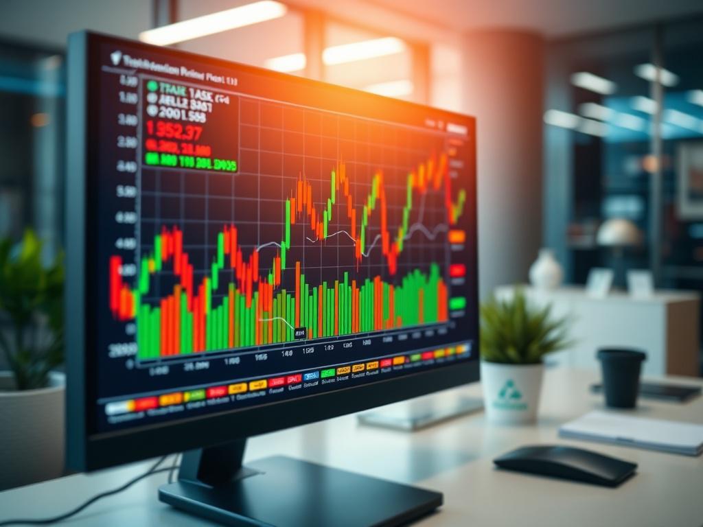 A close-up shot of a high-resolution stock market chart displayed on a modern computer screen, with vibrant colors showcasing real-time data updates, set against a sleek office background, captured with a 45mm f/1.2 lens.