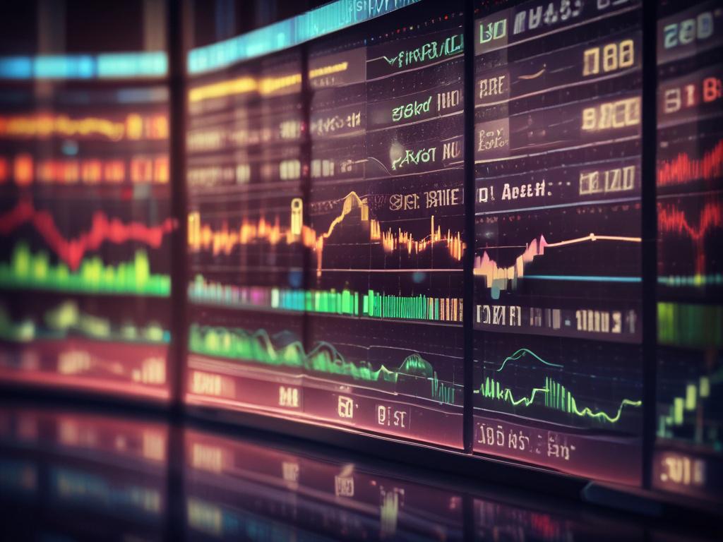 A close-up shot of a stock market dashboard displaying real-time market data, with vibrant graphs and numbers glowing on a sleek digital interface. The background features a blurred cityscape, emphasizing a sense of urgency and modernity. Shot with a 45mm f/1.2 lens style to highlight the details of the dashboard.