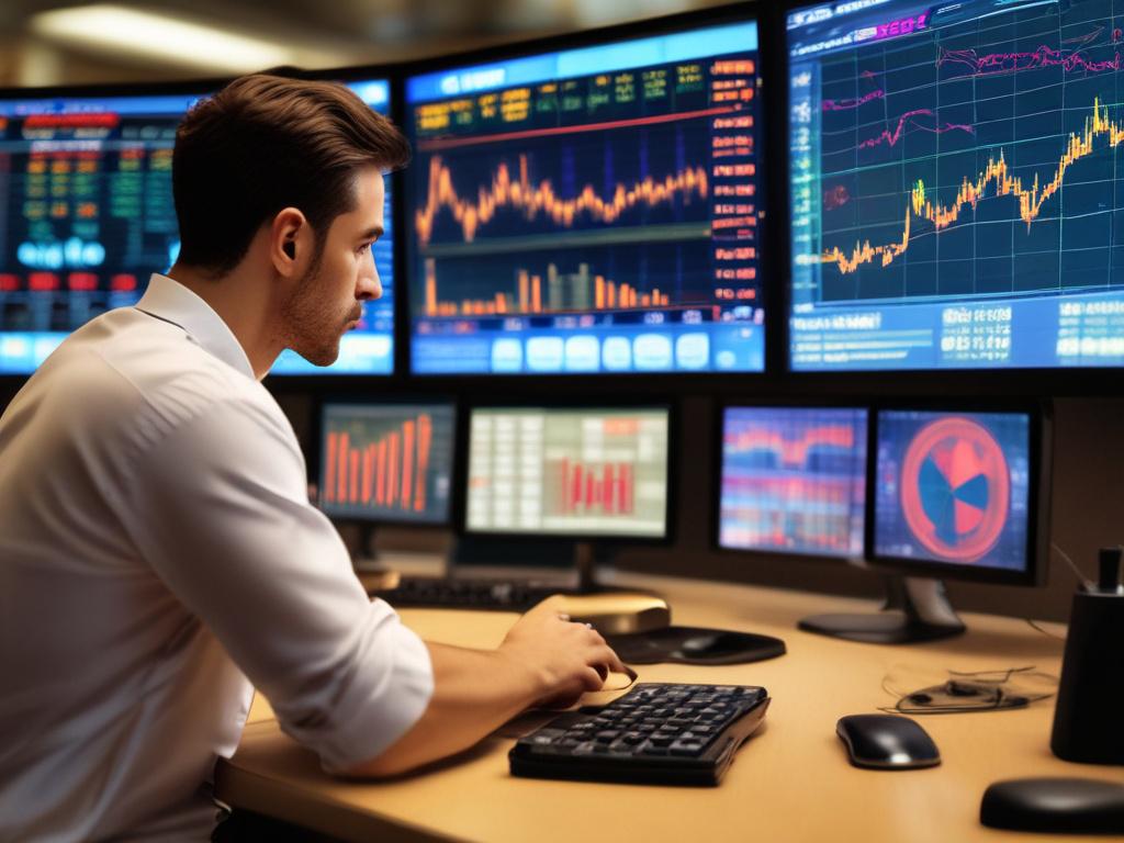 A close-up shot of a trader intently analyzing real-time stock market data on a high-resolution screen, with vibrant graphs and quotes displayed. The background should be subtly blurred to emphasize the trading interface, showcasing a blend of blue and green hues that evoke a sense of financial activity.