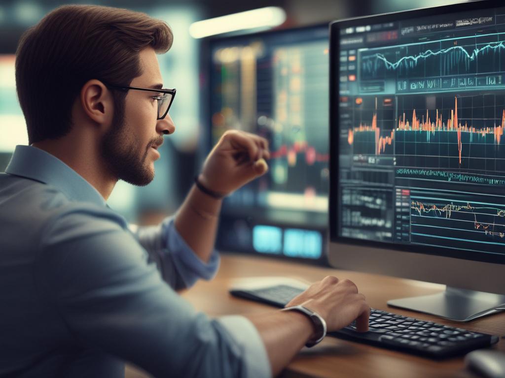A close-up image of a trader excitedly reviewing AI-generated options strategies on a high-tech screen, showcasing clear graphs and trade suggestions. The background should be softly blurred to focus on the trading interface, with bright, engaging colors that suggest innovation and financial success.