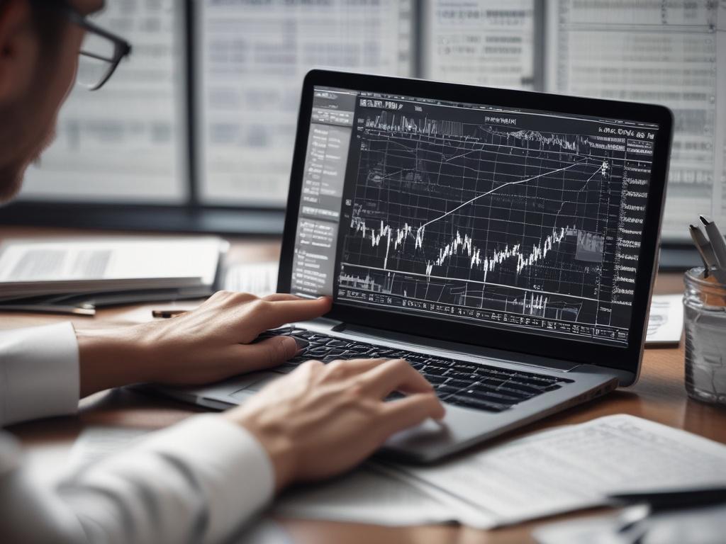 A hyper-realistic close-up shot of a financial analyst reviewing historical stock charts on a sleek digital device, surrounded by notes and data sheets. The background should be softly blurred to highlight the data being analyzed, with a color palette featuring deep blues and subtle grays to convey professionalism.