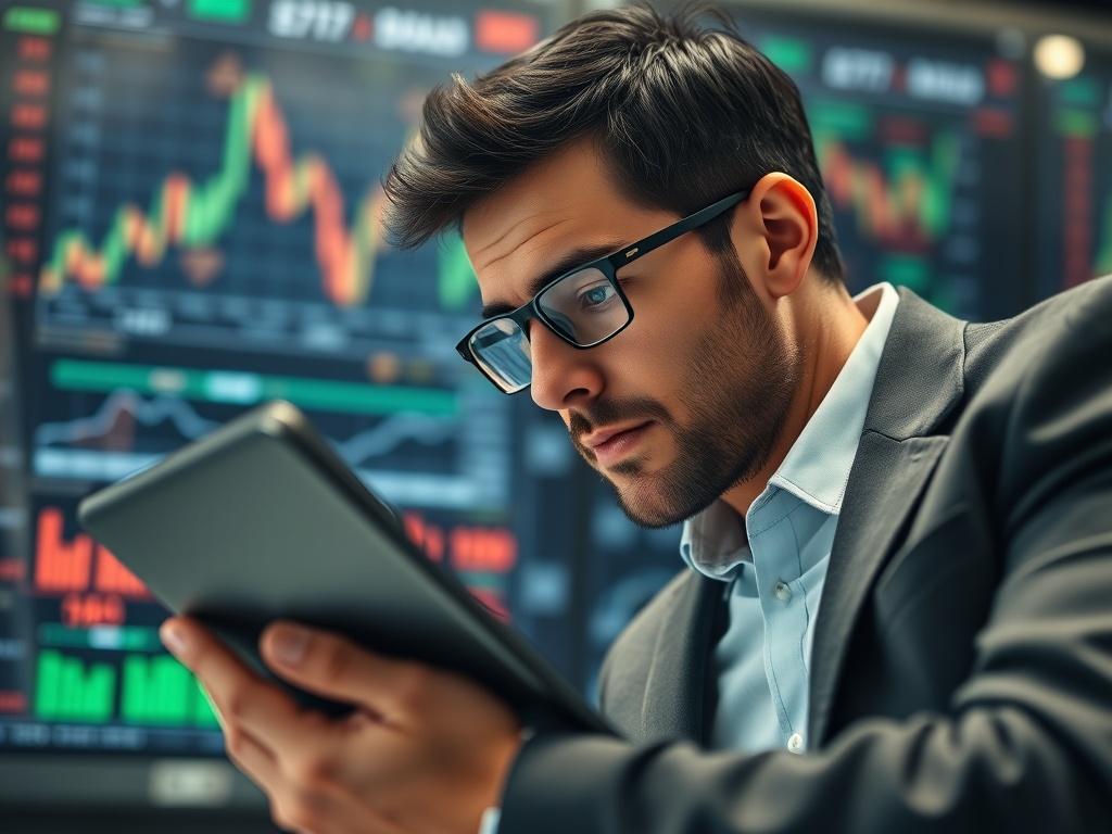 A hyper-realistic close-up shot of a financial analyst intently studying stock market data on a tablet. The background features blurred financial charts and graphs, creating an atmosphere of deep concentration and engagement. The analyst's expression conveys a sense of confidence and expertise, showcasing the power of AI in trading decisions. The image should utilize a color palette that aligns with RGB(40, 93, 225) for a cohesive look.