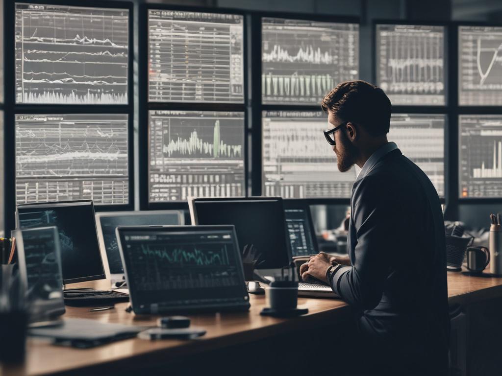 A close-up shot of a trader analyzing options strategy calculations on a laptop. The environment should be a modern trading room, with multiple screens in the background displaying market data. The focus should be on the laptop screen, highlighting detailed options strategies.