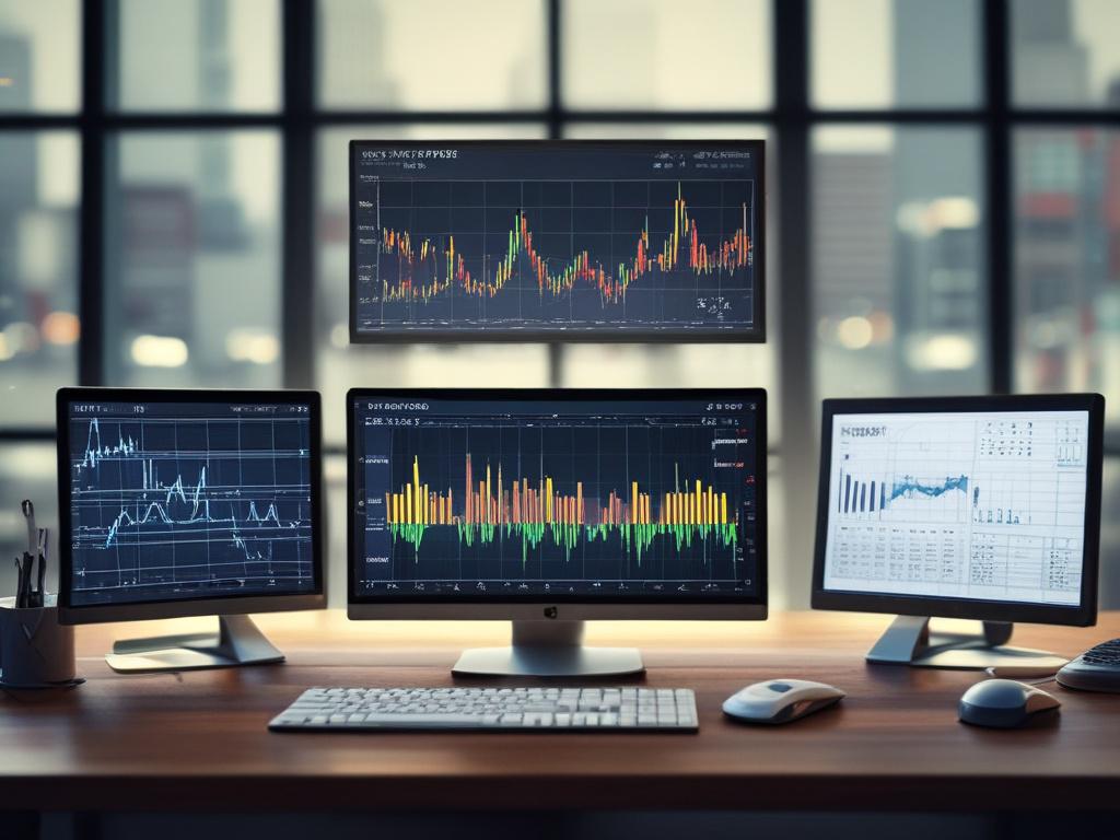 A close-up shot of a computer screen displaying real-time stock market data, with dynamic graphs and charts visible. The background should be a clean, modern office environment, emphasizing the technology aspect. The lighting should be bright to highlight the screen's clarity, and the focus should be sharp on the screen's data.